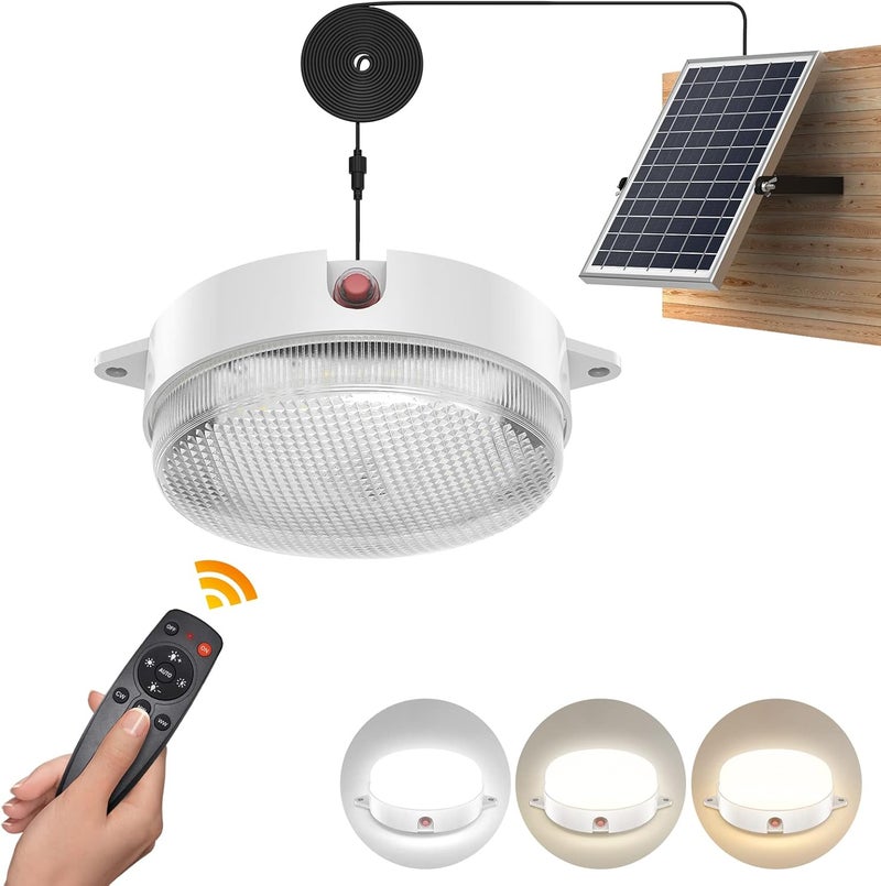 UPONUN Solar Ceiling Light, Daytime & Night 6000K/4000K/3200K Solar Shed Light with On Off Switch & Remote, Dimmable Waterproof Barn Lights Indoor & Outdoor for Cabin Shelter Hallway Tools Room - Image 1